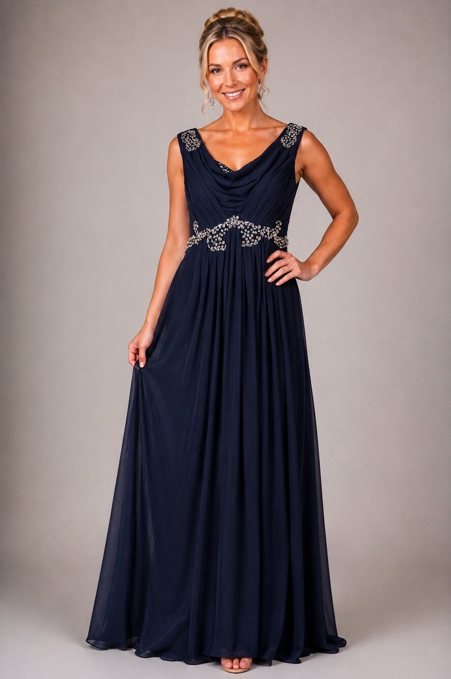 DressSale Navy Blue Chiffon Beaded Formal Evening Gown Estimated 14/16